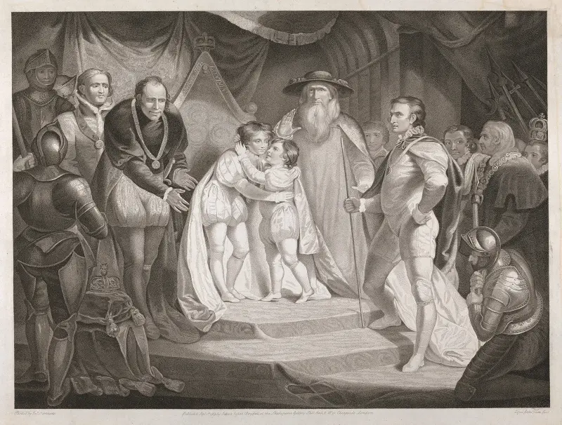 Kung Richard III; akt III, scen I (Mötet mellan Edvard V och hans bror Richard, hertig av York) av James Northcote