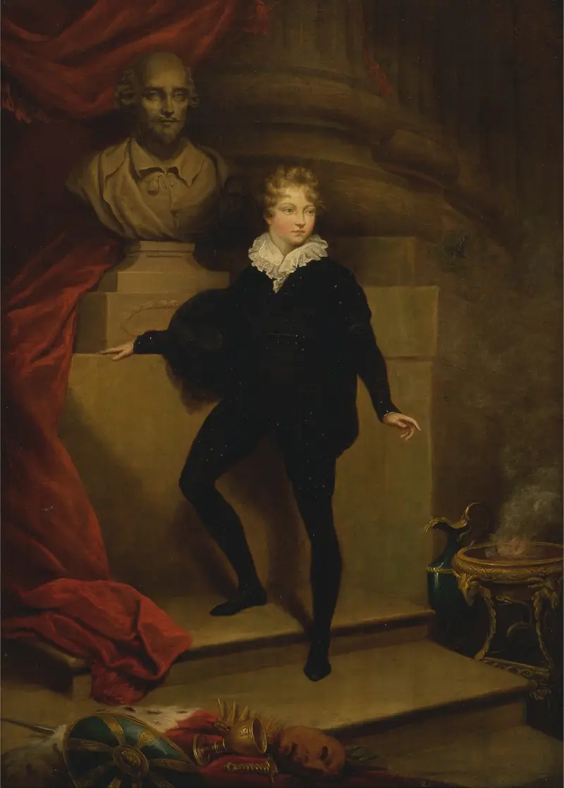 Master Betty som Hamlet, framför en byst av Shakespeare av James Northcote