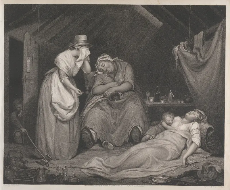 Der lasterhaft Sterbende in Armut und Krankheit, besucht von der sittsamen Jungfrau von James Northcote