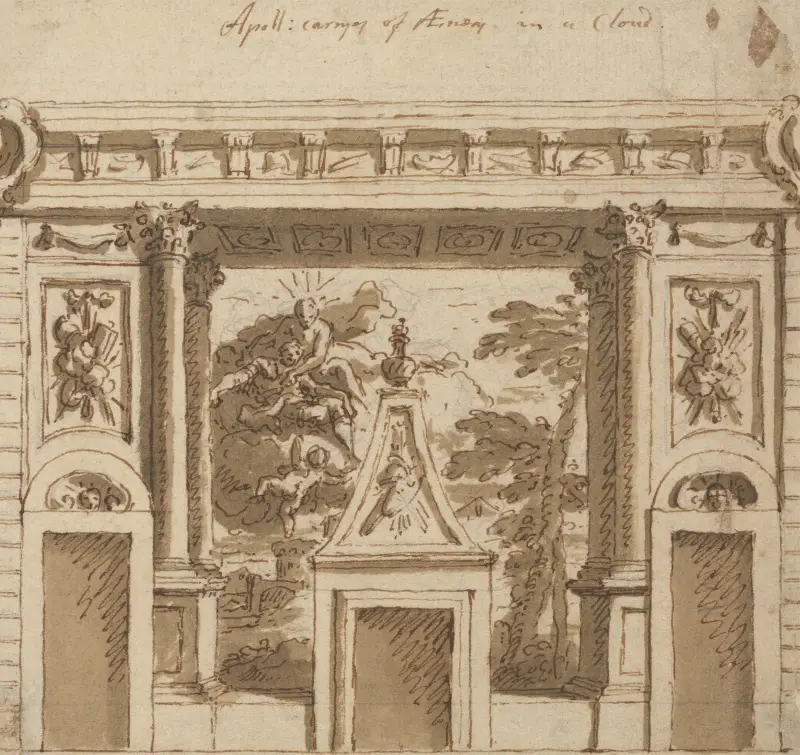 Skiss till en muralmålning utförd i salongen på Roehampton House, Surrey; Apollo bortför Aeneas i ett moln av Sir James Thornhill