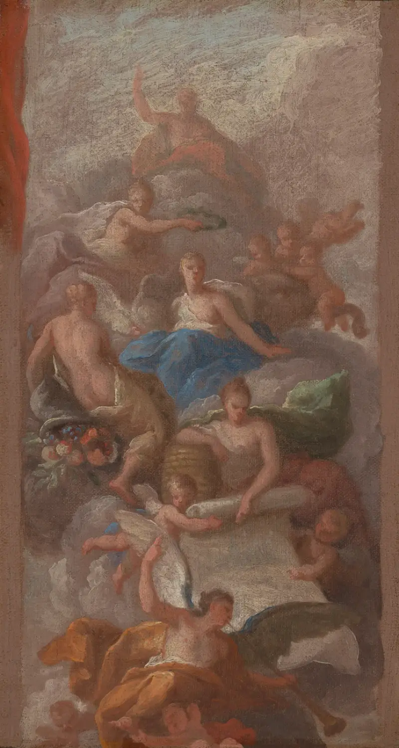 Tacksamheten krönt av freden, med andra allegoriska figurer för flit, berömmelse och överflöd av Sir James Thornhill