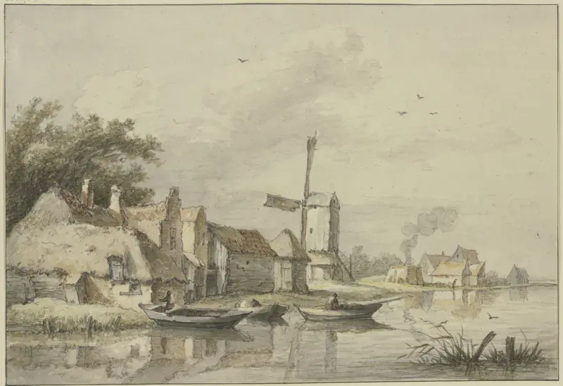 Dorf mit einer Windmühle am Wasser von Jan Hulswit