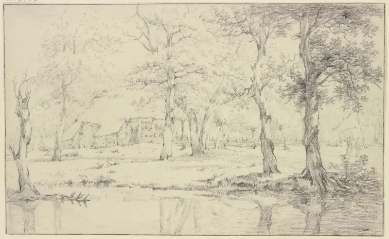 Landschaft, vorne Wasser, unter vielen Bäumen ein Haus mit Zaun von Jan Hulswit