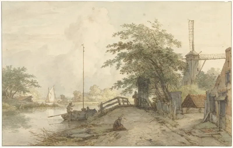 Landschaft mit Brücke und Haus an einem Weg am Wasser von Jan Hulswit