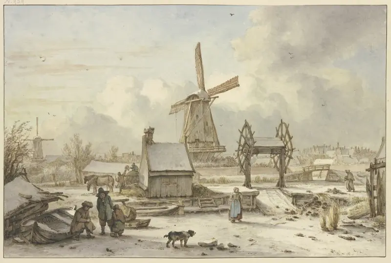 Winterlandschaft mit Schiffhebewerk und Windmühle av Jan Hulswit