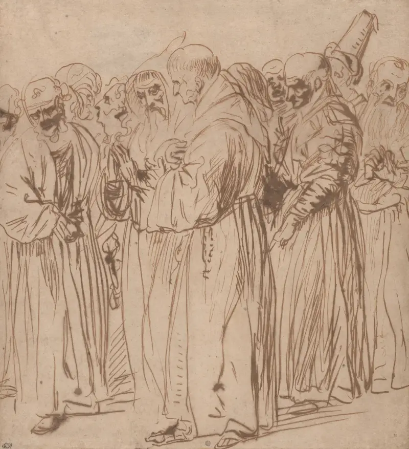En grupp stående munkar och andra figurer av Jan Lievens