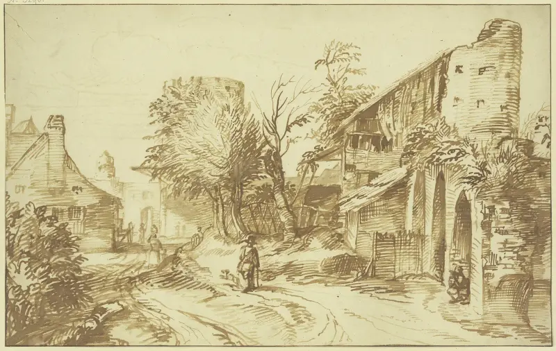 Dorfansicht, rechts eine alte Stadtmauer av Jan Lievens