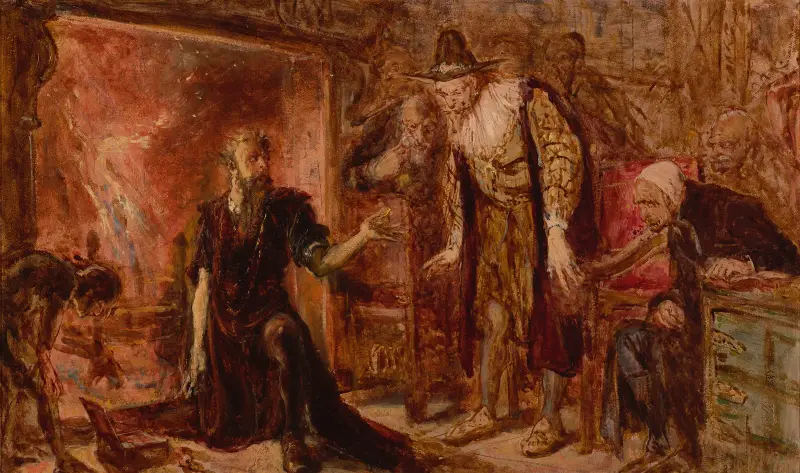 Der Alchemist Sendivogius und Sigismund III., Skizze von Jan Matejko