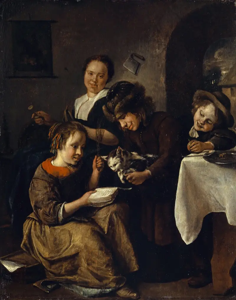 Children Teaching a Cat to Read av Jan Steen