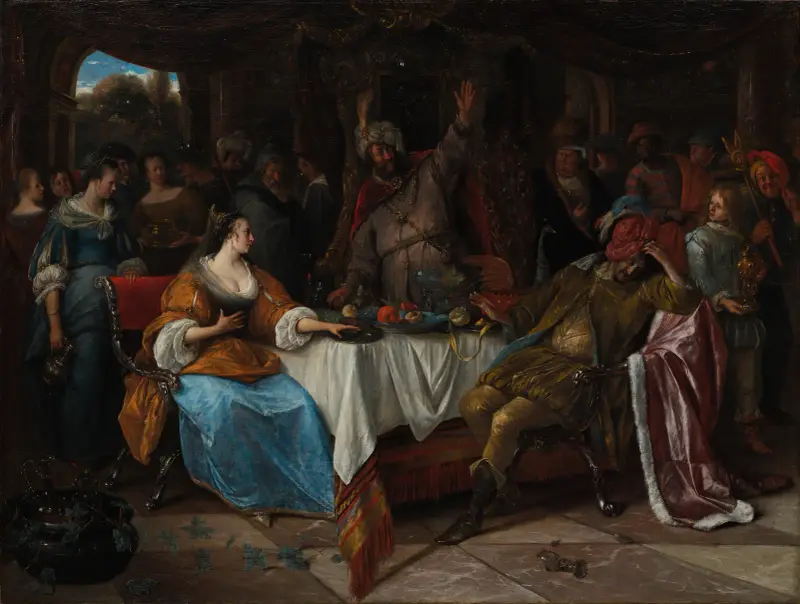 Esther, Ahasuerus, and Haman av Jan Steen