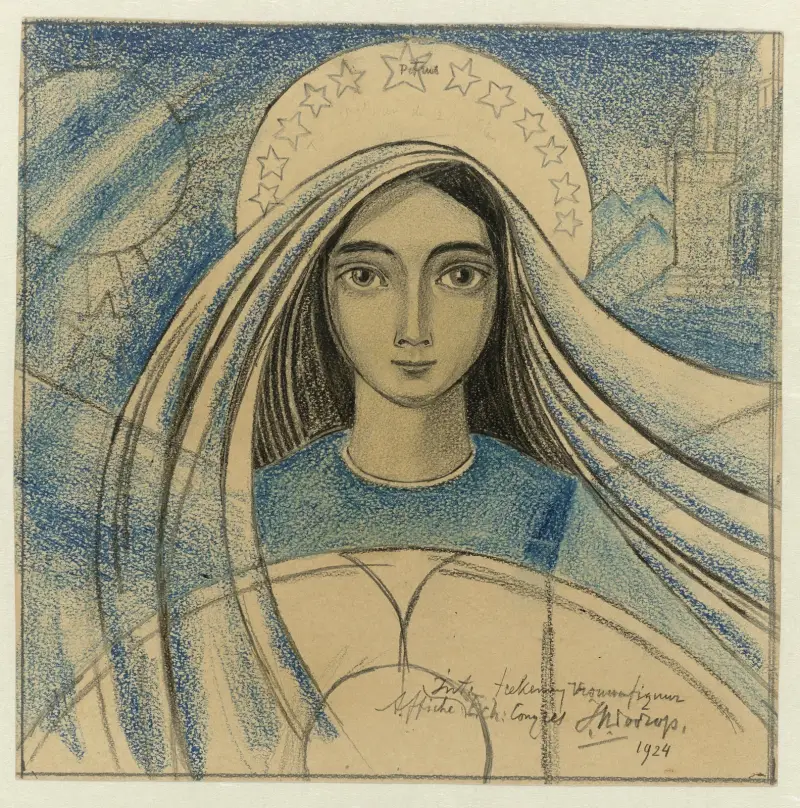Detaljstudie av ett kvinnohuvud för en affisch till den internationella eukaristiska kongressen i Amsterdam 22–27 juli 1924 av Jan Toorop