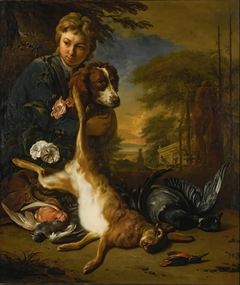 En pojke och en hund med ett stilleben av vilt i ett parklandskap av Jan Weenix