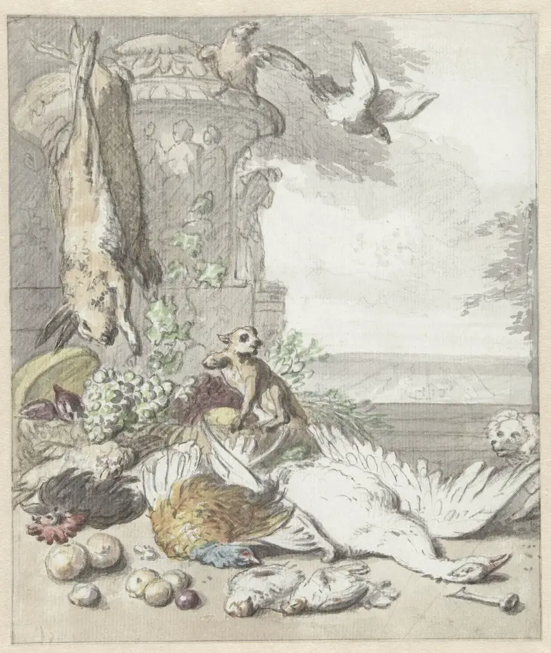 Martwa zwierzyna, małpa, pies i kilka ptaków, Jan Weenix