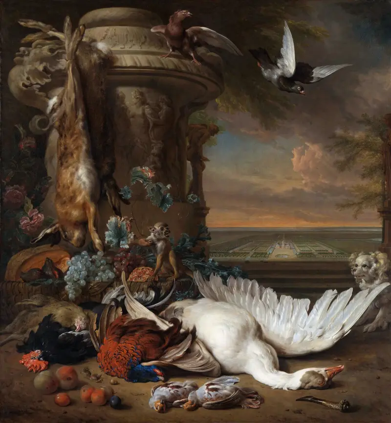 Jagd- und Früchtestillleben neben einer Gartenvase, mit einem Affen, Hund und zwei Tauben von Jan Weenix