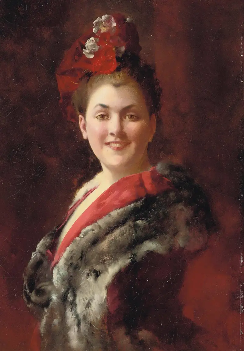 En dam i pälskantad kappa av Gustave Jean Jacquet