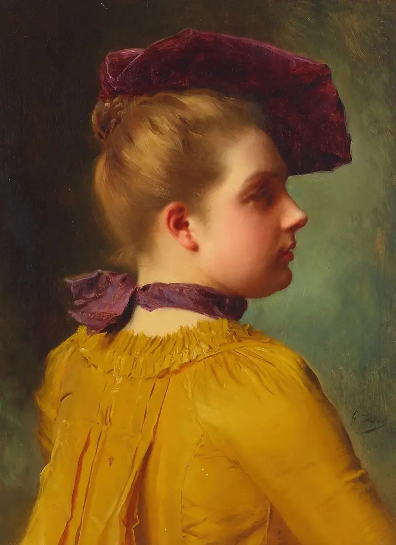 Porträtt av en dam i plommonfärgad hatt av Gustave Jean Jacquet