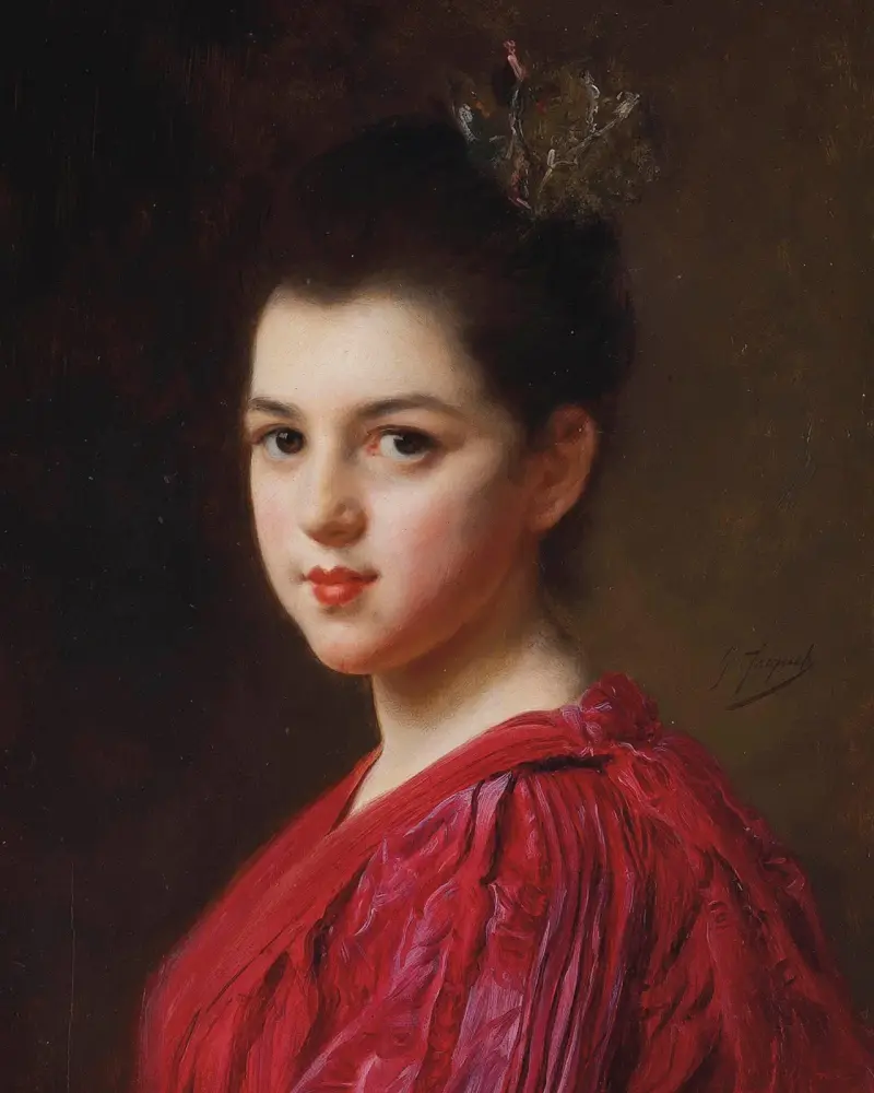 Kvinna i röd klänning av Gustave Jean Jacquet