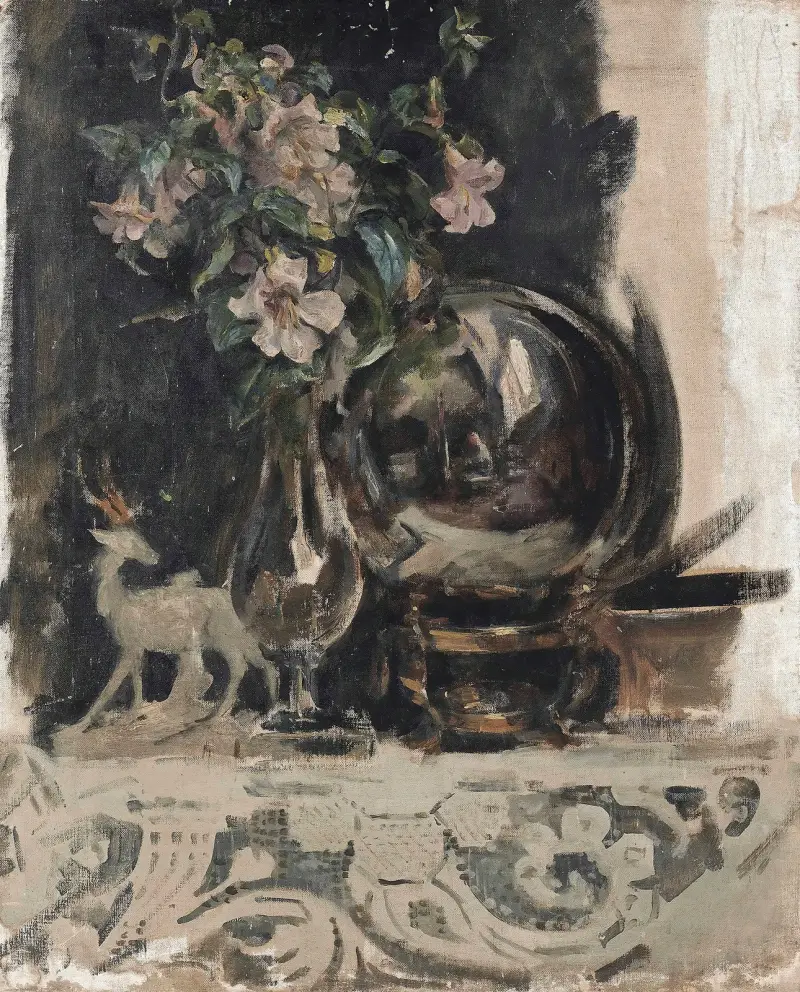 Stilleben mit Blumen, einer Statue und einem Globus auf einer Kaminsims von James Jebusa Shannon