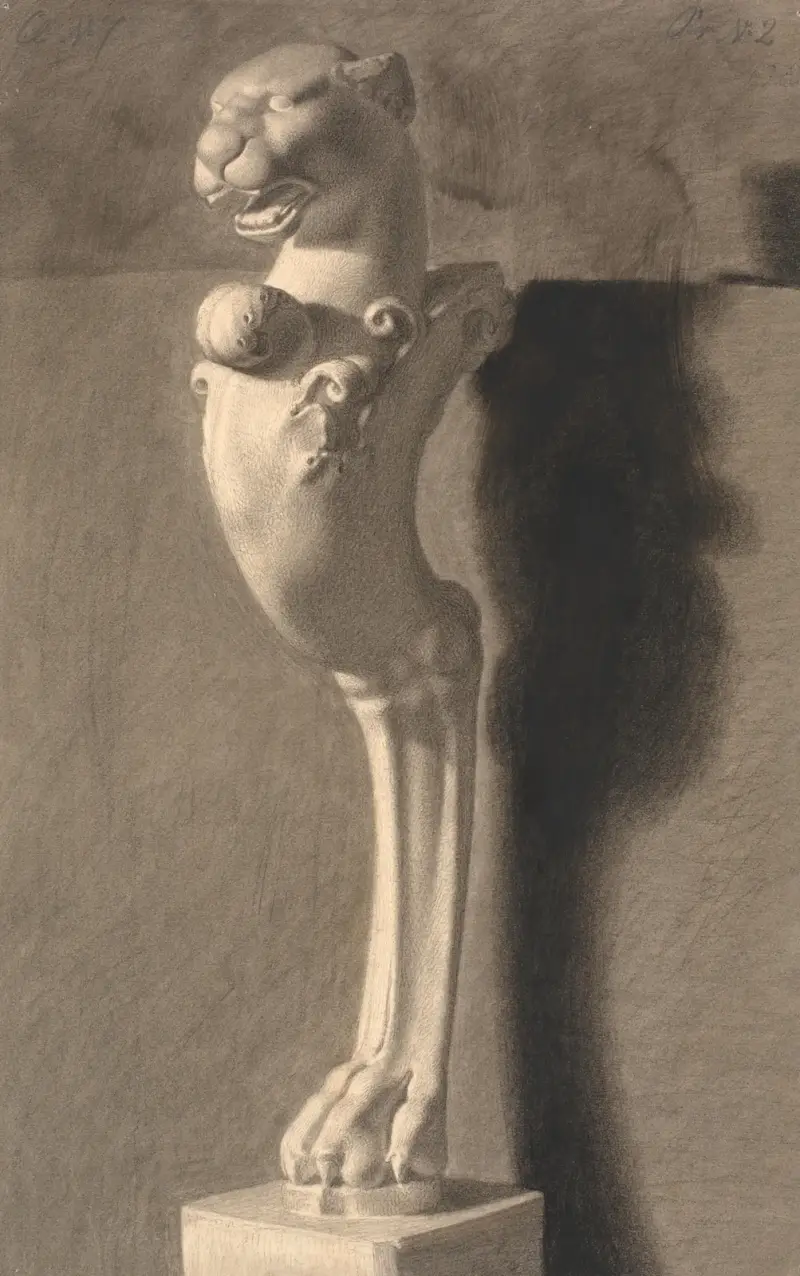 Teckning efter gips. Kopia efter antik skulptur. Ornament med lejonhuvud och fot av Joakim Skovgaard