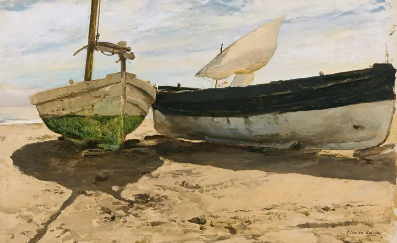 Fiskebåtar på stranden, Valencia av Joaquín Sorolla