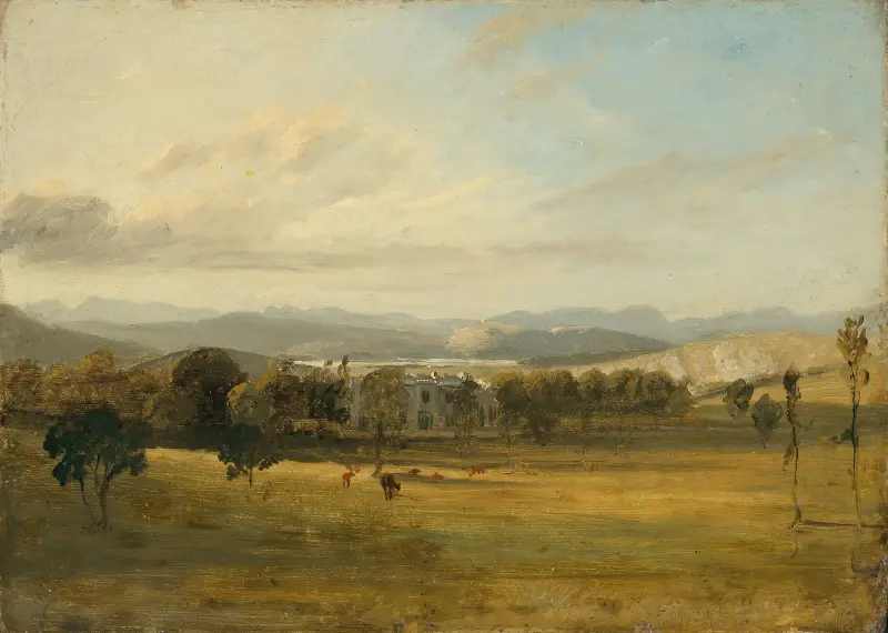 Skiss av Leighton Hall, Lancashire, med kullarna i Lake District i bakgrunden av John Constable