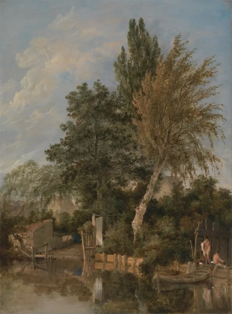 Pojkar badar i floden Wensum, Norwich av John Crome