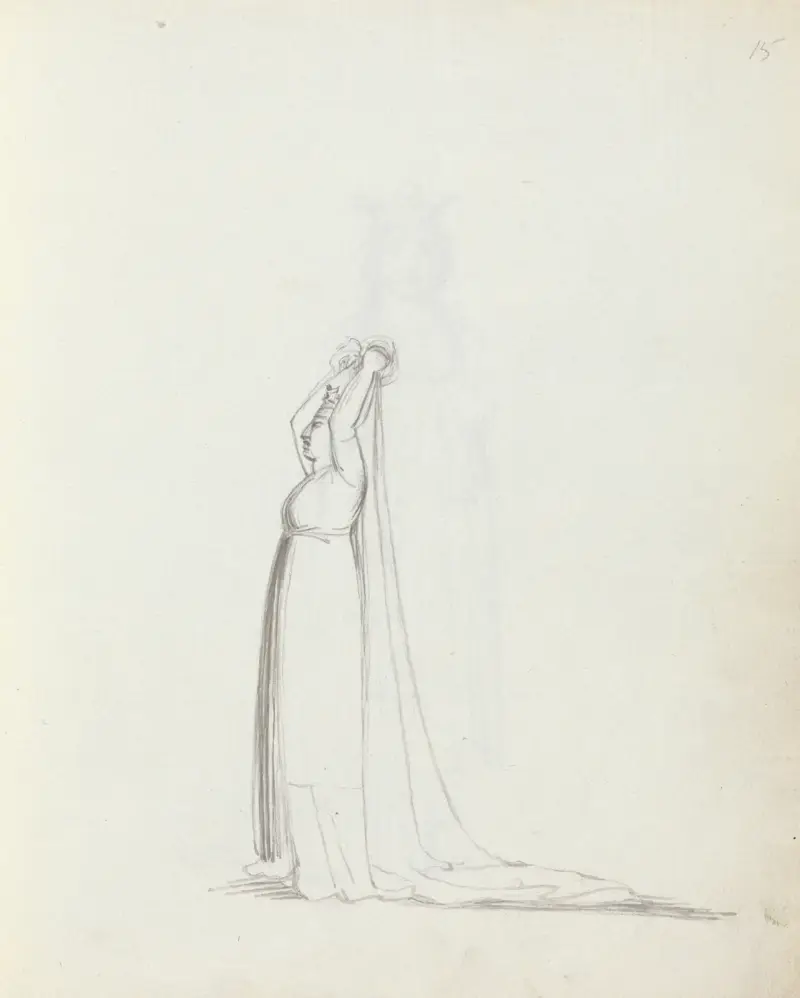Mrs. Siddons in ganzer Figur, im Profil, stehend, die Arme über dem Kopf, einen Schleier haltend von John Flaxman