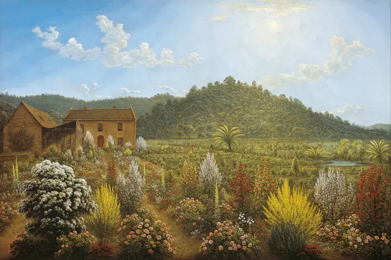 Utsikt över konstnärens hus och trädgård i Mills Plains, Van Diemen's Land av John Glover