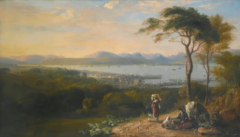 Vy över Port Glasgow och Greenock vid Firth of Clyde, med Argyllkullarna bortom av John Glover