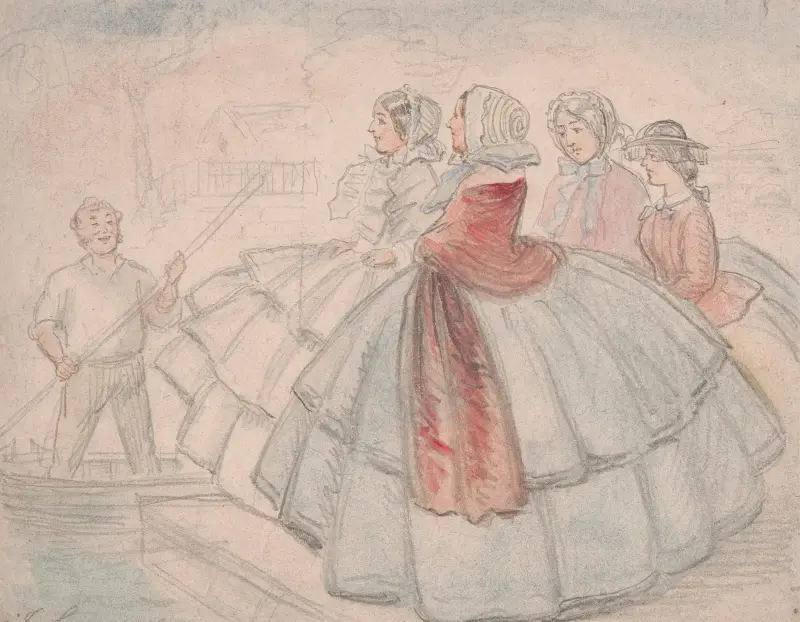 Krinoliner vid floden, John Leech