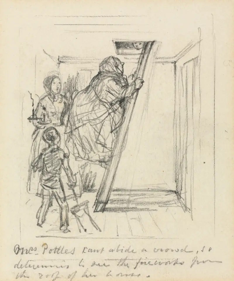Skica k „Mrs. Pottles Can’t Abide a Crowd“, John Leech