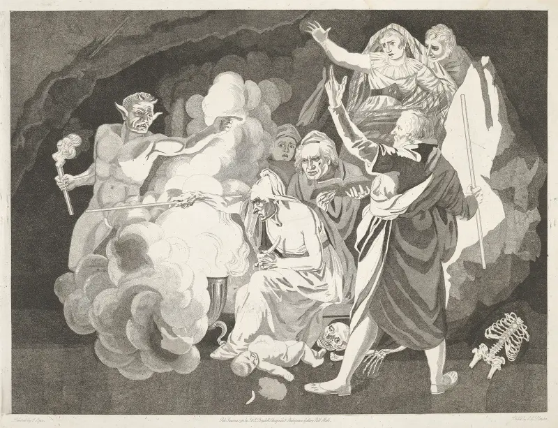 Henrik VI, del II; akt I, scen iv, moder Jourdaine, himi— av John Opie