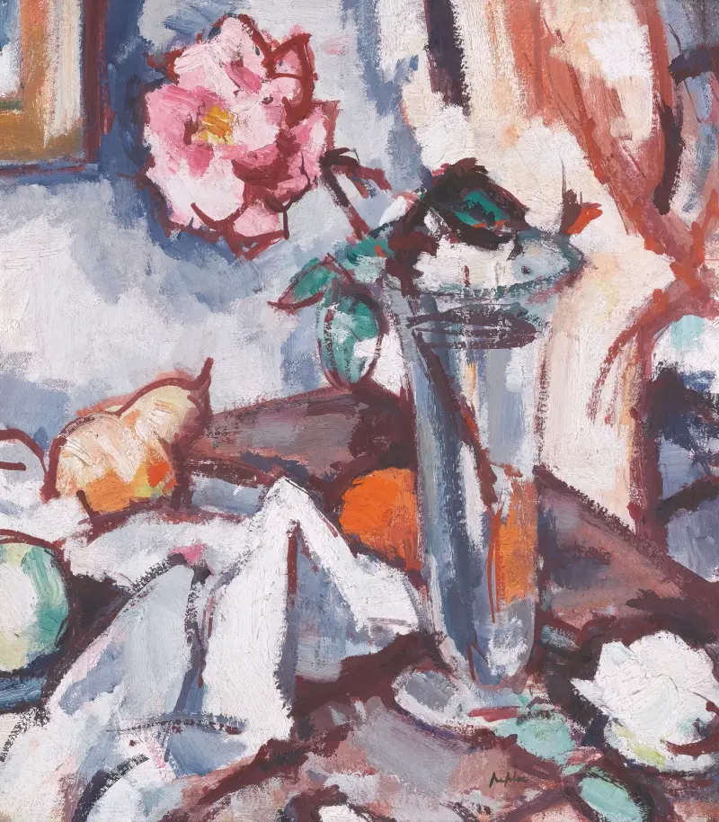 Rosa Rose in Glasvase mit Obst von Samuel John Peploe