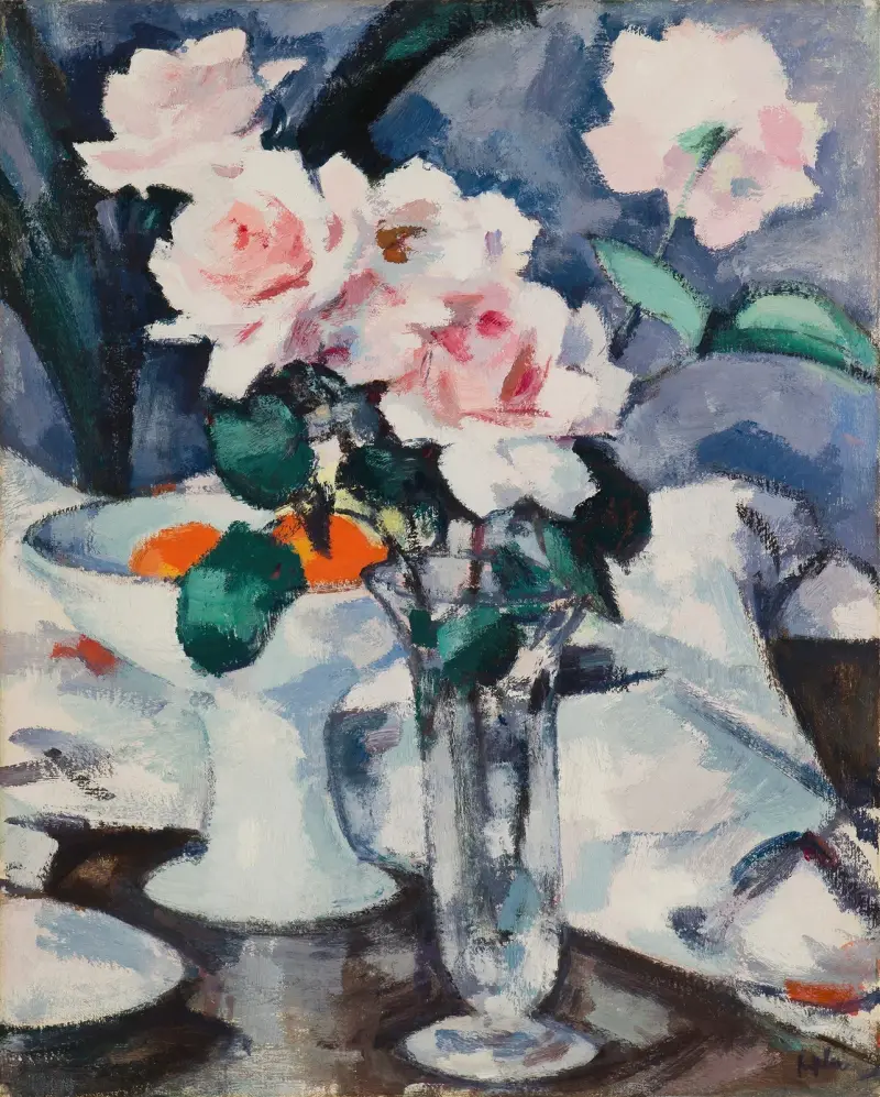 Rosa Rosen in einer Glasvase – Nr. 1 von Samuel John Peploe