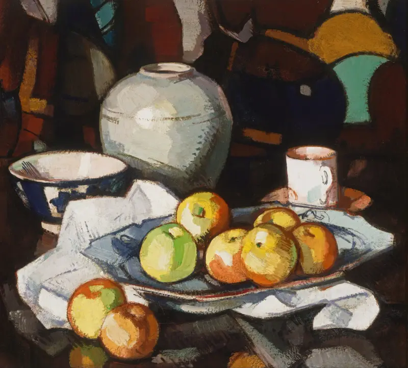 Stillleben mit Äpfeln und Glas von Samuel John Peploe