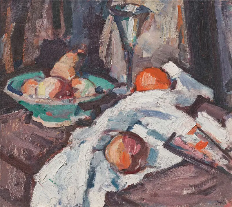 Stilleben med vinglas och frukt av Samuel John Peploe