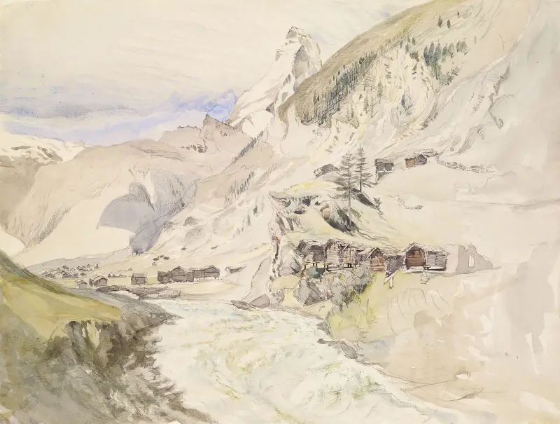 Ein Alpental, das Matterhorn in der Ferne von John Ruskin