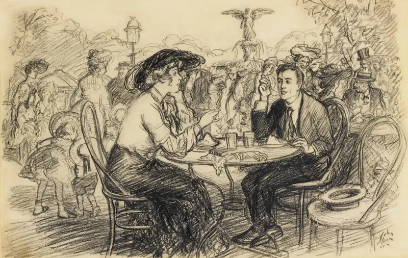 Kaféet vid Bethesdafontänen i Central Park av John Sloan