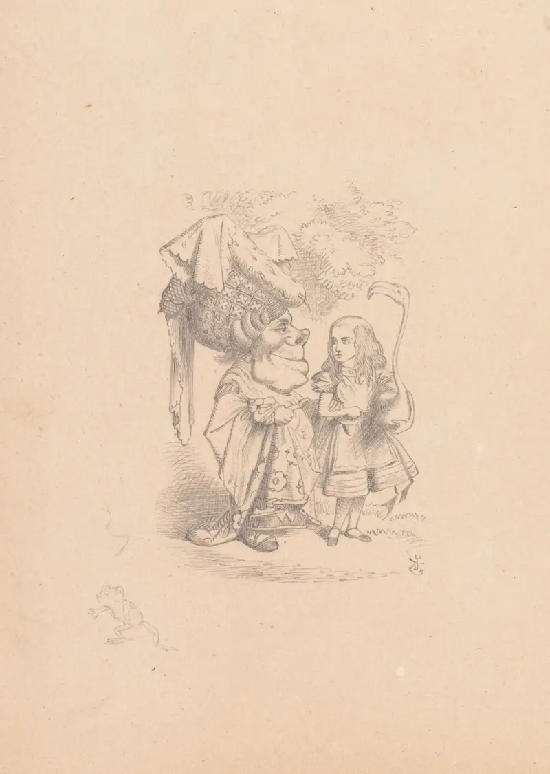 Teckning av Alice (med flamingo) som samtalar med hertiginnan av Sir John Tenniel
