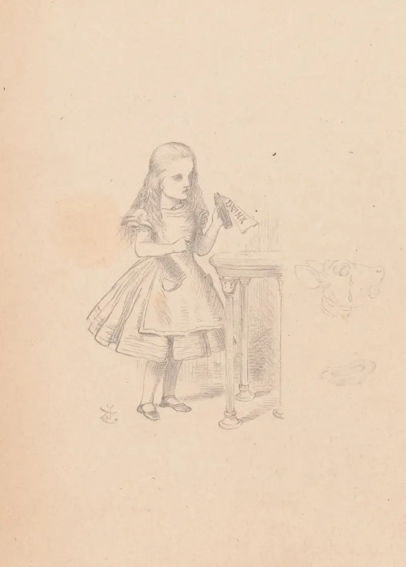 Rysunek: Alicja znajduje butelkę z napisem „Wypij mnie”, Sir John Tenniel