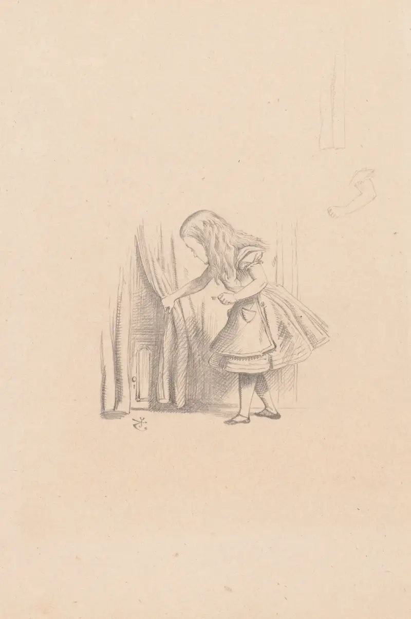 Teckning av Alice som letar efter dörren av Sir John Tenniel