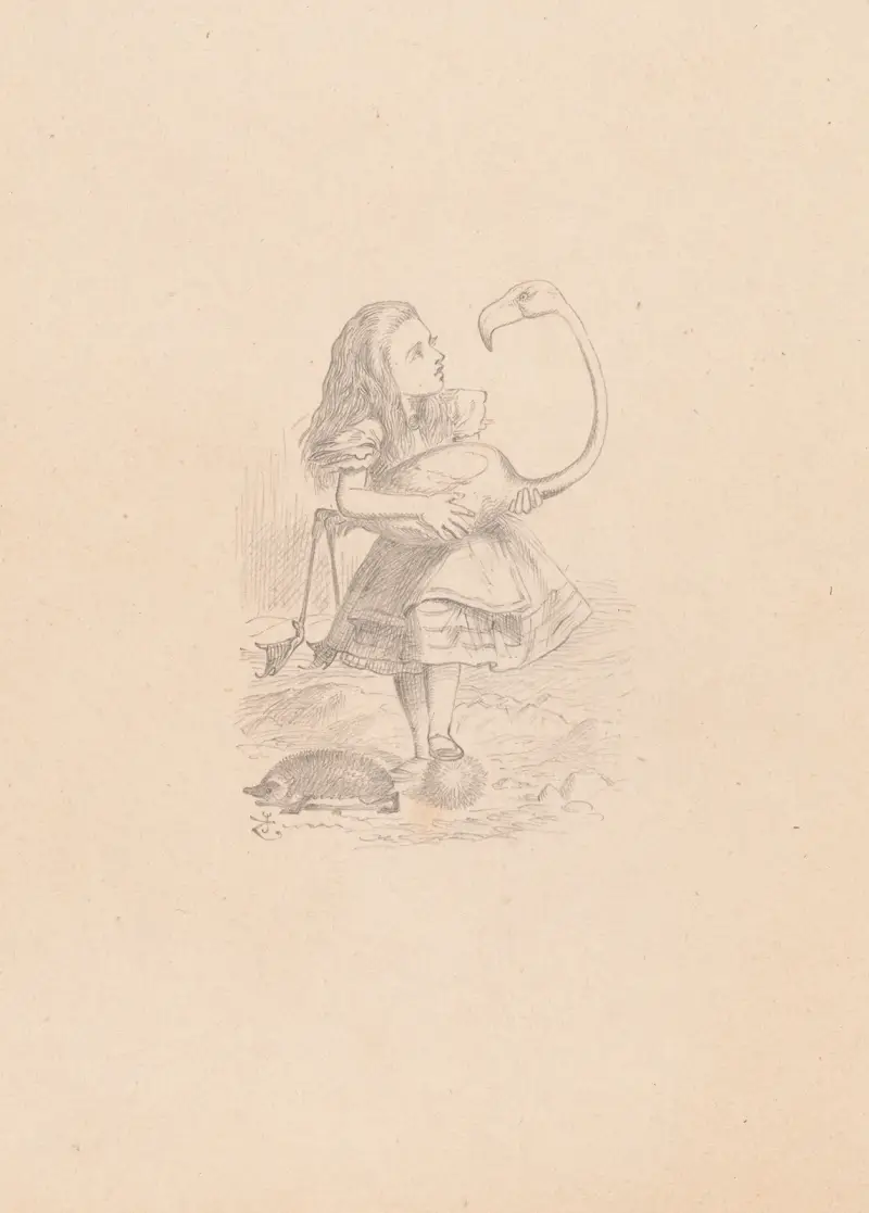 Teckning av Alice som försöker spela krocket med flamingo och igelkott av Sir John Tenniel