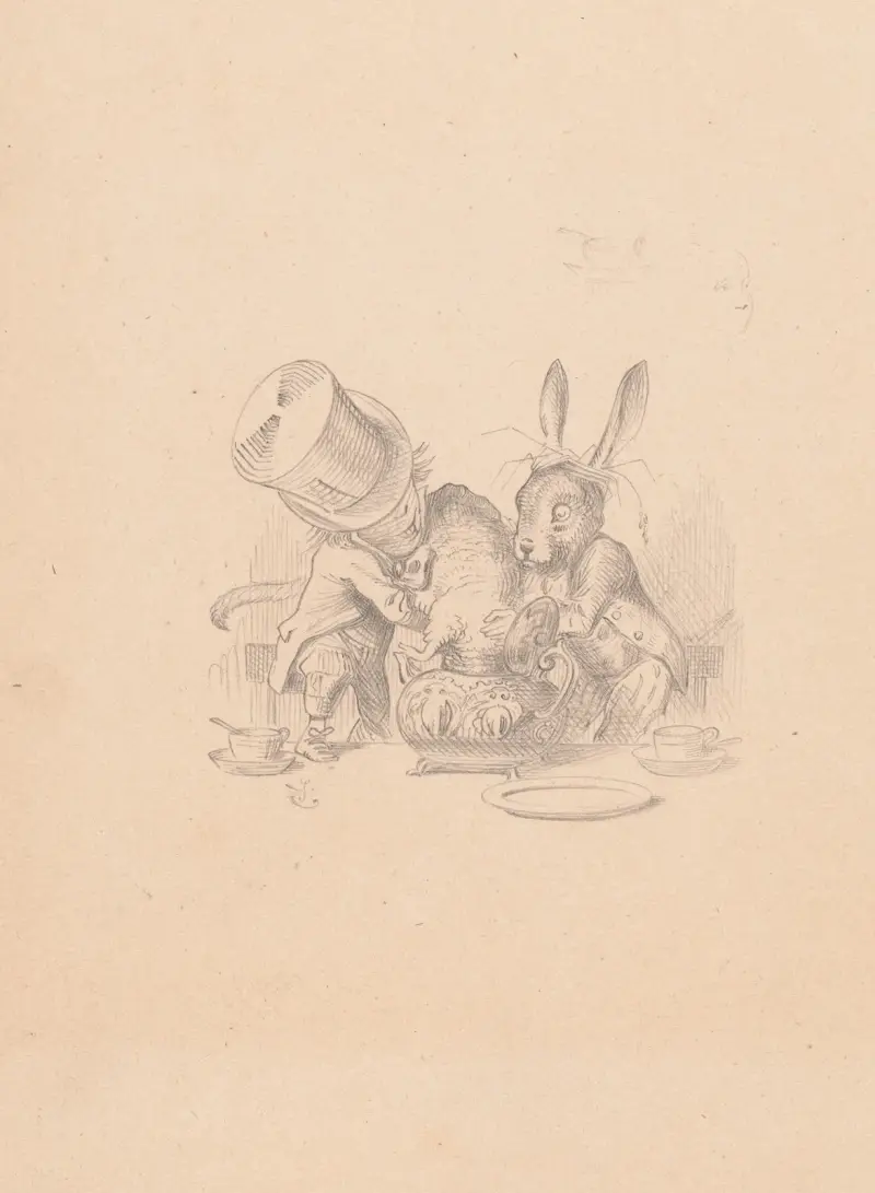 Zeichnung des Hutmachers und des Märzhasen, die Siebenschläfer in die Teekanne stecken von Sir John Tenniel