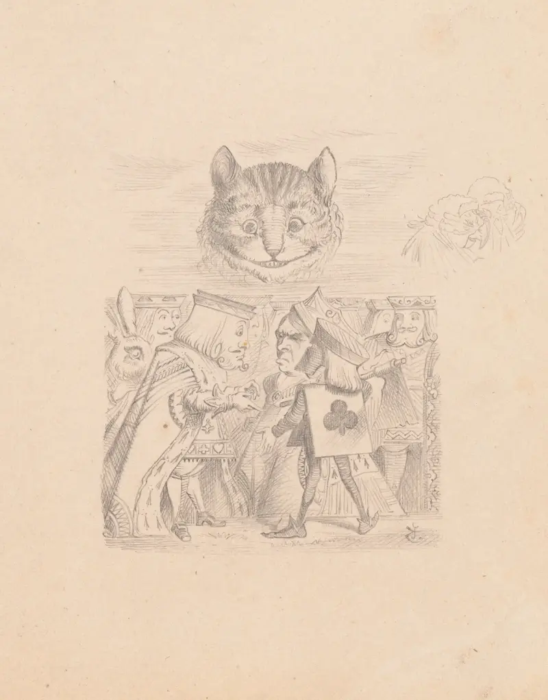 Zeichnung der Grinsekatze am Himmel mit Henker, König und Königin darunter von Sir John Tenniel