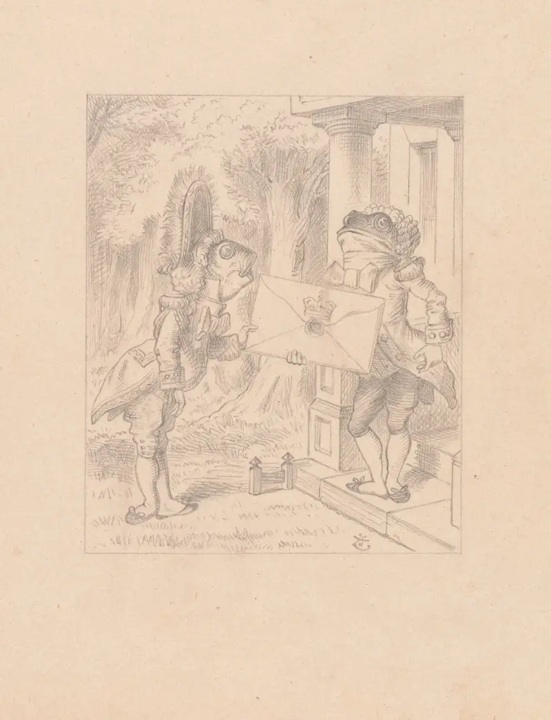 Teckning av fiskbetjänten och grodbetjänten av Sir John Tenniel
