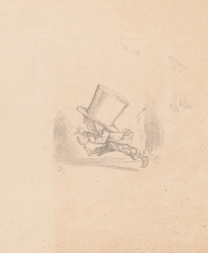 Teckning av Hattmakaren som springer av Sir John Tenniel