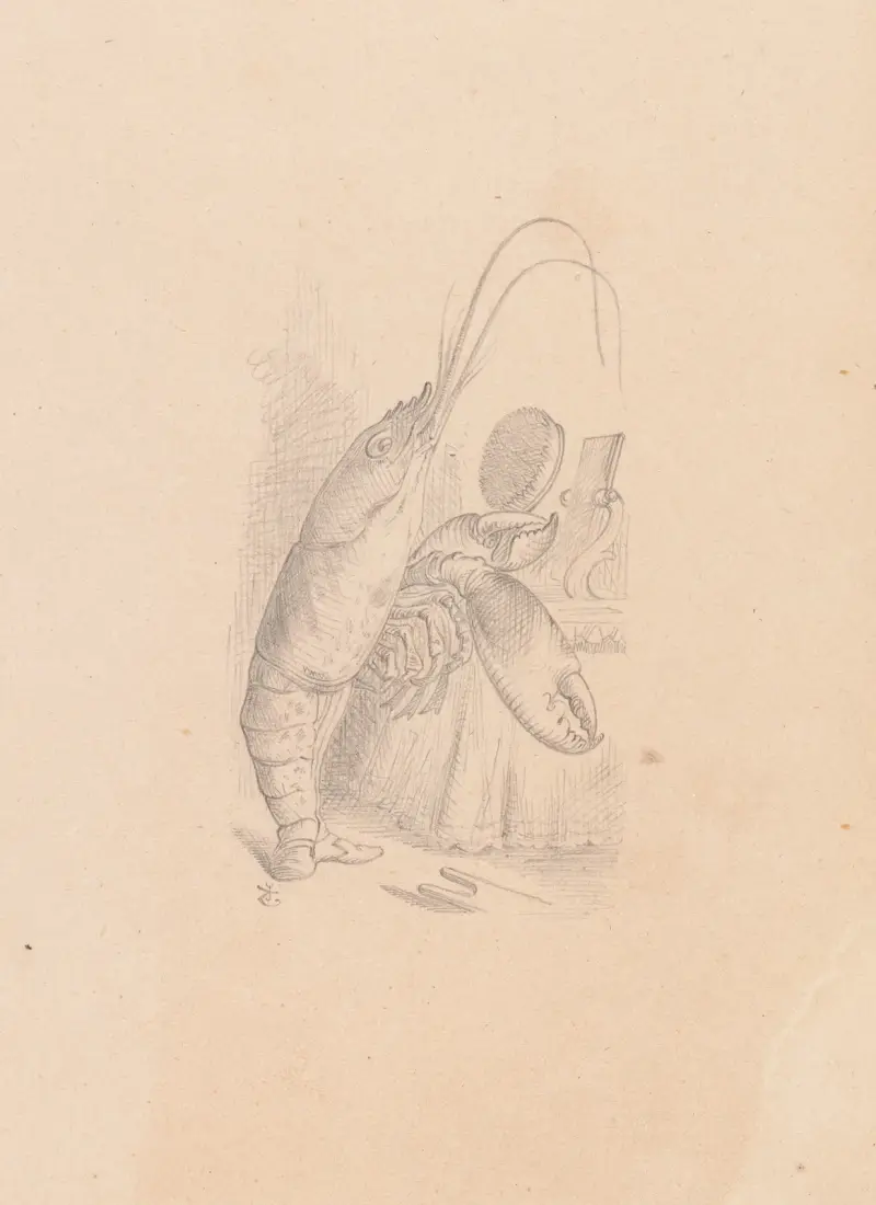 Zeichnung des Hummers, der sich vor einem Spiegel schön macht von Sir John Tenniel