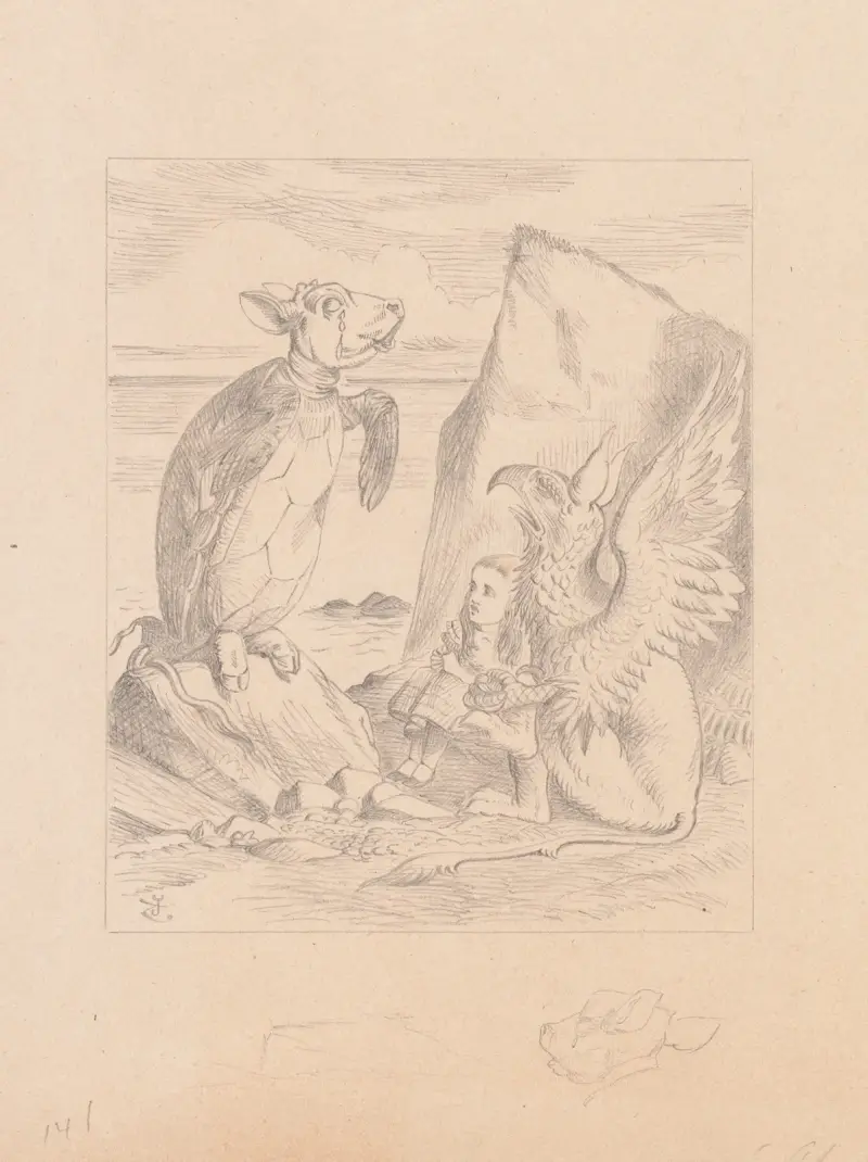Teckning av den falska sköldpaddan och gripen som sjunger för Alice av Sir John Tenniel