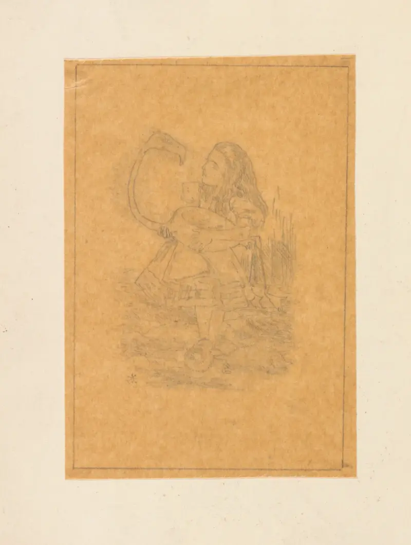 Kalkering av Alice som försöker spela krocket med flamingo och igelkott av Sir John Tenniel