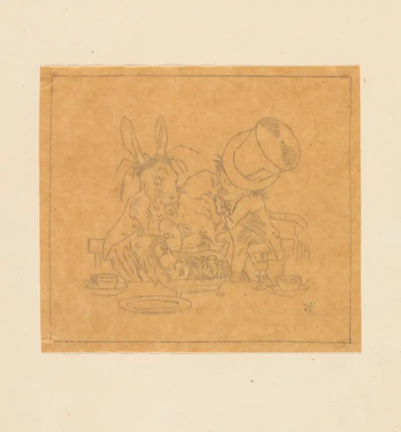 Kalkering av Hattmakaren och Påskharen som stoppar in sjusovaren i tekannan av Sir John Tenniel